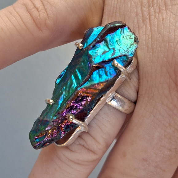 New Rainbow Titanium Crystal Quartz 925 Silver Statement Ring. - Picture 5 of 16